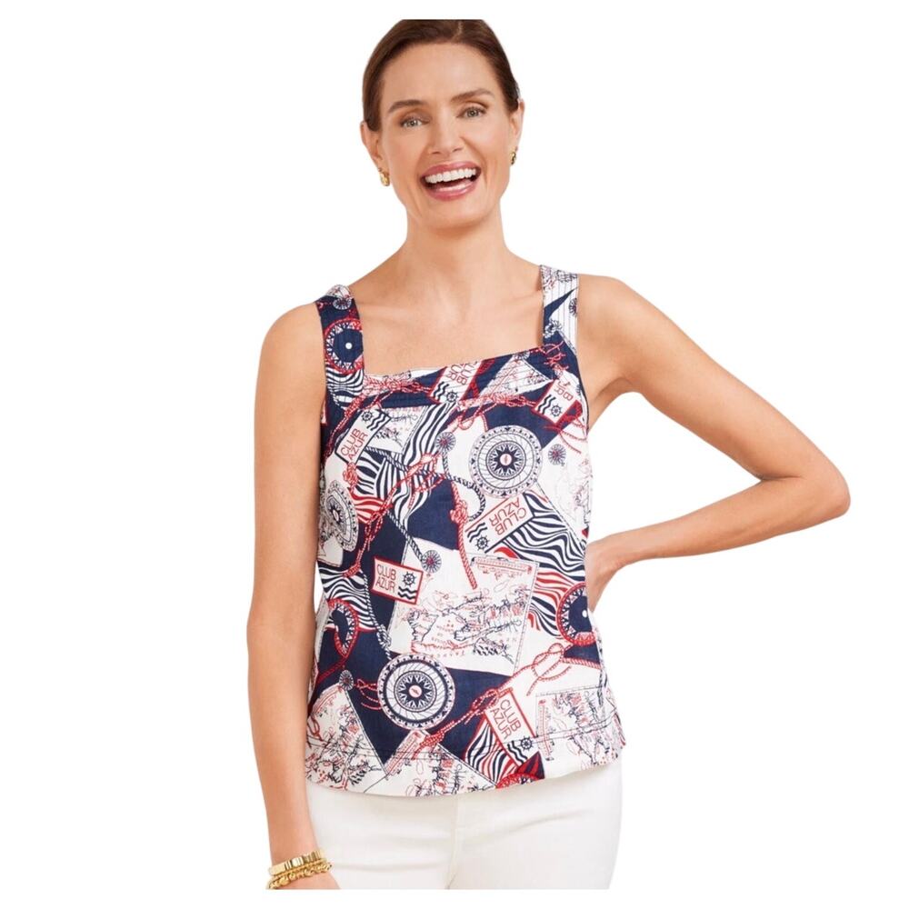 NWT Talbots 100% Linen Red White & Blue All Over Print Loose Fit Tank w Back Tie